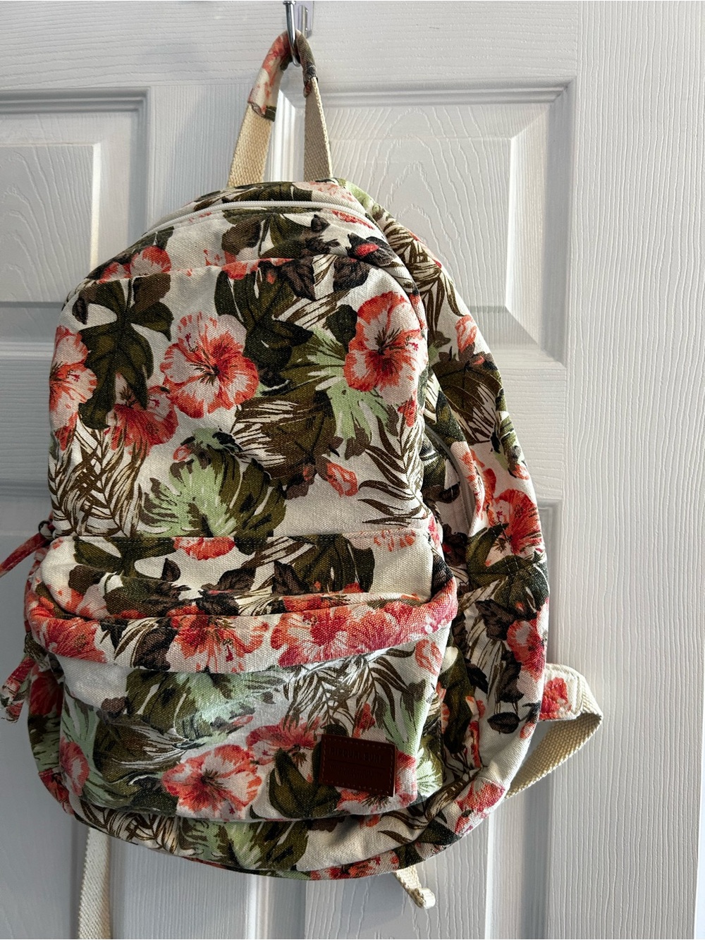 Rip Curl Floral Canvas Backpack — Coral Pink & Olive Green